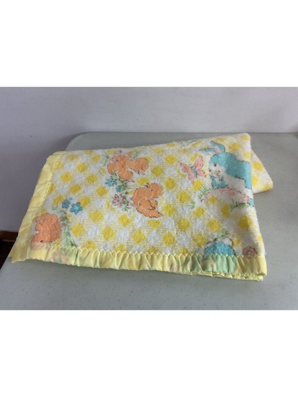 Vintage Baby Blanket Blue Bunny Yellow Chick Gingham Satin Trim Nursery 39x43